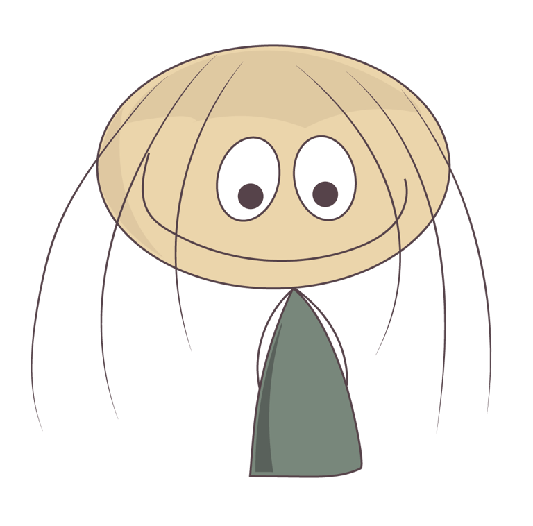 A quirky hand-drawn cartoon character with a wide oval face, large eyes, and thin strands of hair.