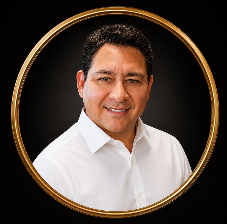 Professional headshot of a smiling man in a white shirt framed by a gold circle on black.