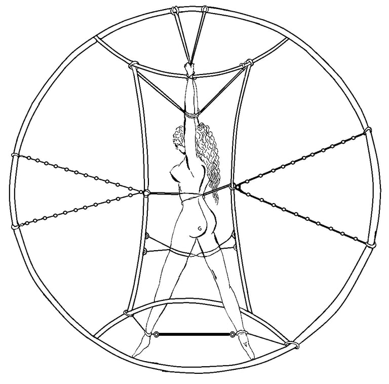 Ilustración 'La Rueda de Gemini' de Óscar Ocaña. Estructura circular para BDSM con cadenas y nervaduras, diseño de herrería