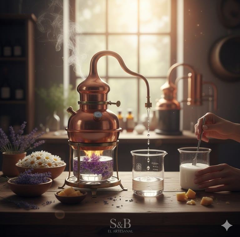 Alambique de cobre tradicional destilando hidrolato puros por vapor en el taller de S&B El Artesanal