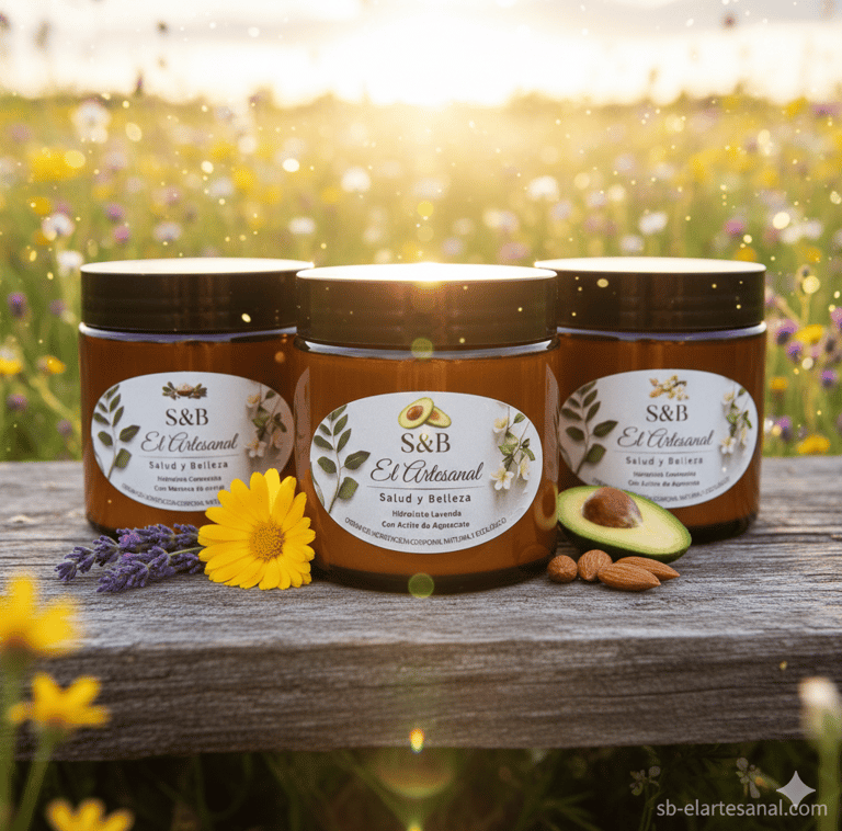Three jars of S&B El Artesanal organic body cream with lavender, avocado, and almonds in a flower field.