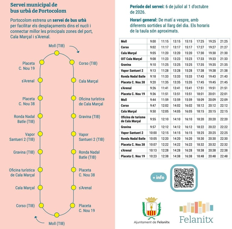 Map and timetable for the Portocolom municipal bus service including stops at Cala Marçal and s'Arenal.