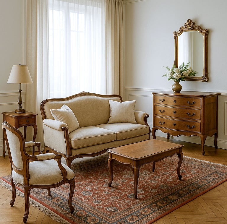 ChatGPT said: Classic living room with carved wood furniture, neutral upholstery, and vintage accents by Solo Home Decor.