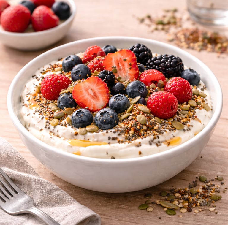 Yogur griego natural con semillas de chía, semillas de lino y frutos rojos, desayuno saludable alto 