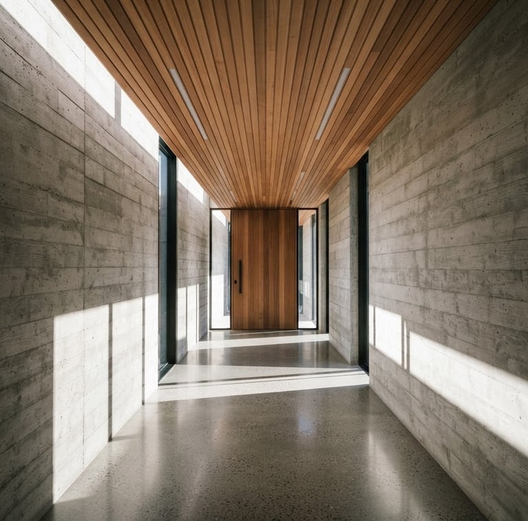 Straight-on one-point perspective of a modern concrete wall meeting a warm timber ceiling, sharp geometric shadows cast by morning sunlight, architectural detail.