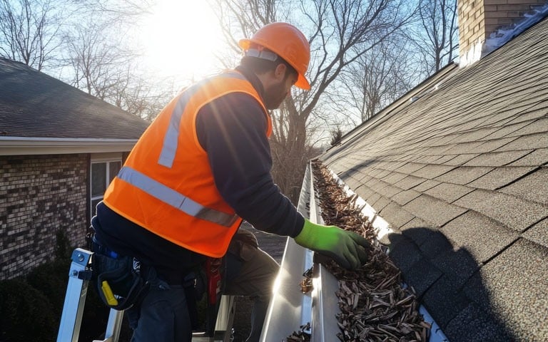 Cleaning clogged downspout for rainwater drainage system