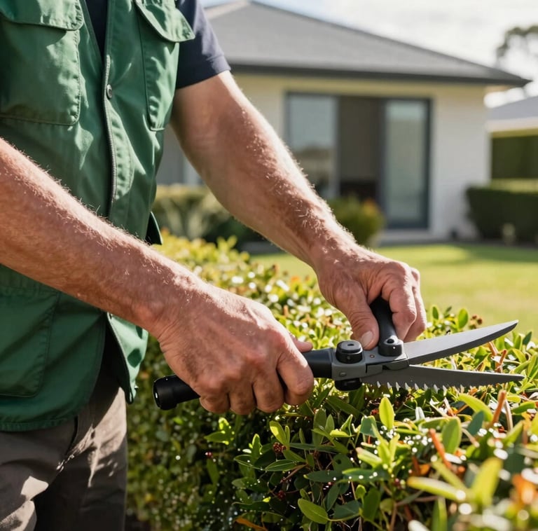 A close-up shot of a professional landscaper's hands precisely trimming a hedge in an Oceanic / Australian (Victoria) garden. The person is wearing a leaf green utility vest, and the background shows a clean, modern suburban home under bright afternoon sun.