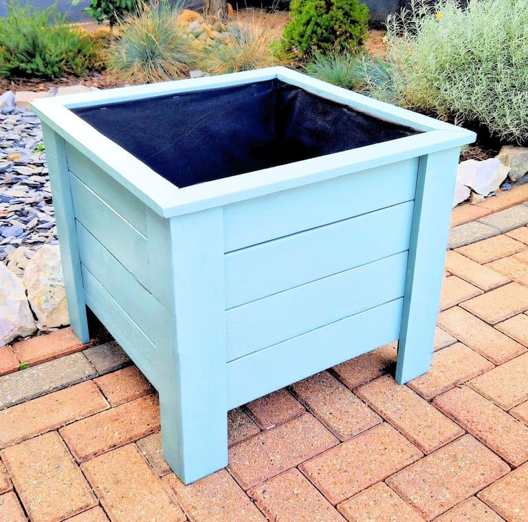 wooden square plant box on legs aston design made from quality wood painted in blue colour