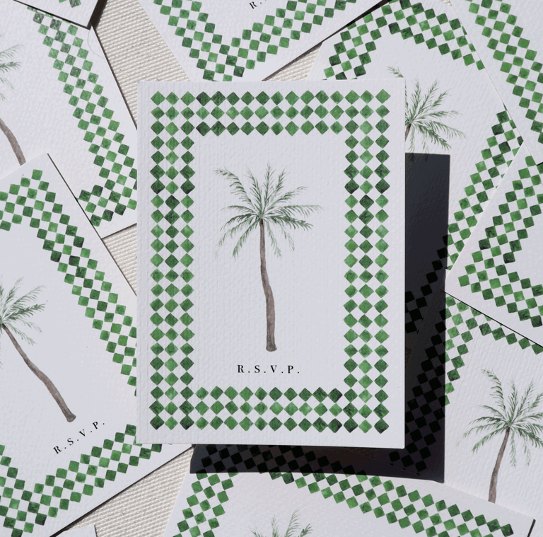 rsvp card with palm tree and green and white tiles