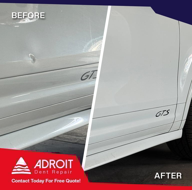 Body line damage on Cayenne GTS door. Glue pull technique 