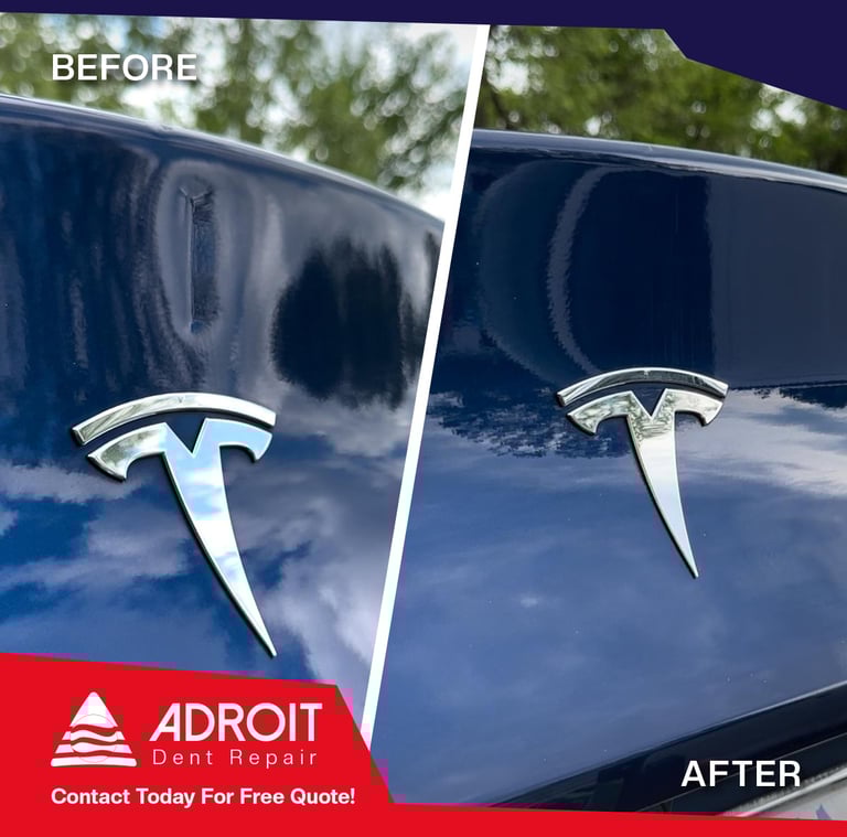 Fixed lift gate dent on Tesla Model Y using glue pull and lateral tension bar technique.
