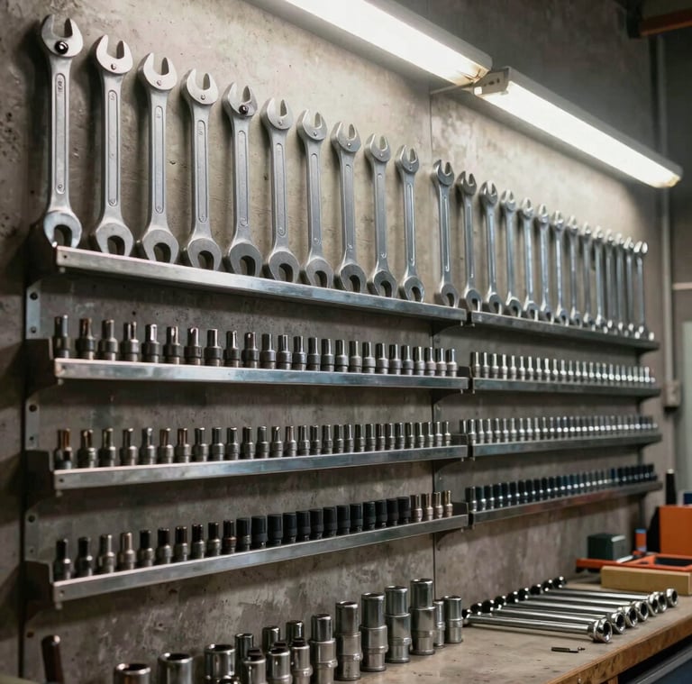Wide shot of a workshop tool wall, rows of heavy forged wrenches and socket tools racked in steel holders, ambient fluorescent overhead lighting, concrete wall background, no people