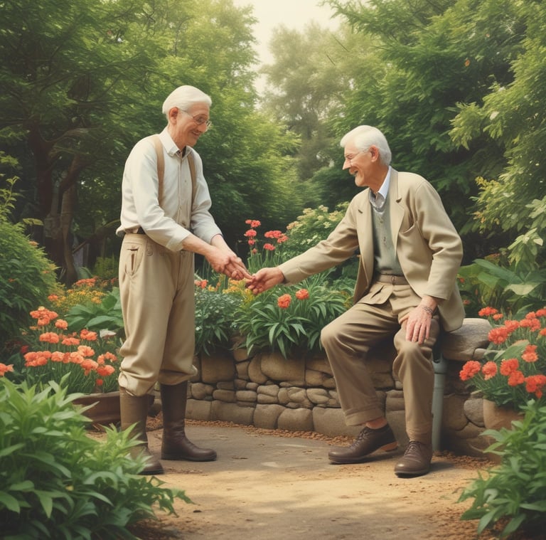 A gardener carefully trimming a lush green hedge under a bright sky.