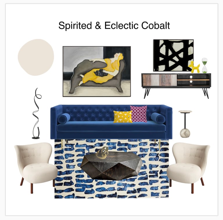 Premade living room, moon board, cobalt, blue affordable, interior design, Eclectic home decorating