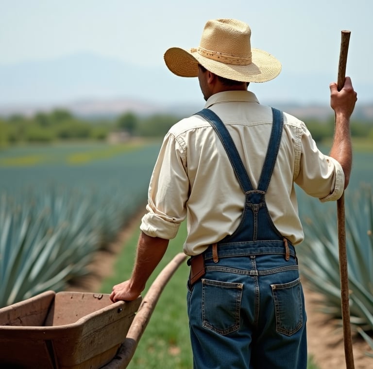a man in an agave field with a hat, holding a wheelbarrow uno tequila