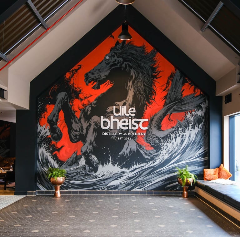 a large mural of a horse in a distillery