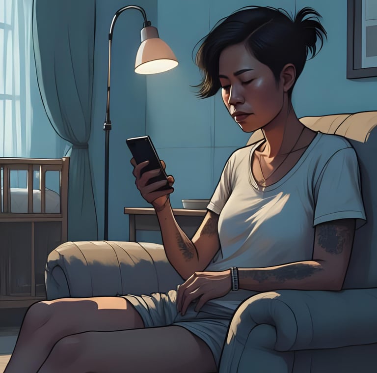 Tired parent with tattoos in a nursery, checking Cradira for support on their phone late at night.