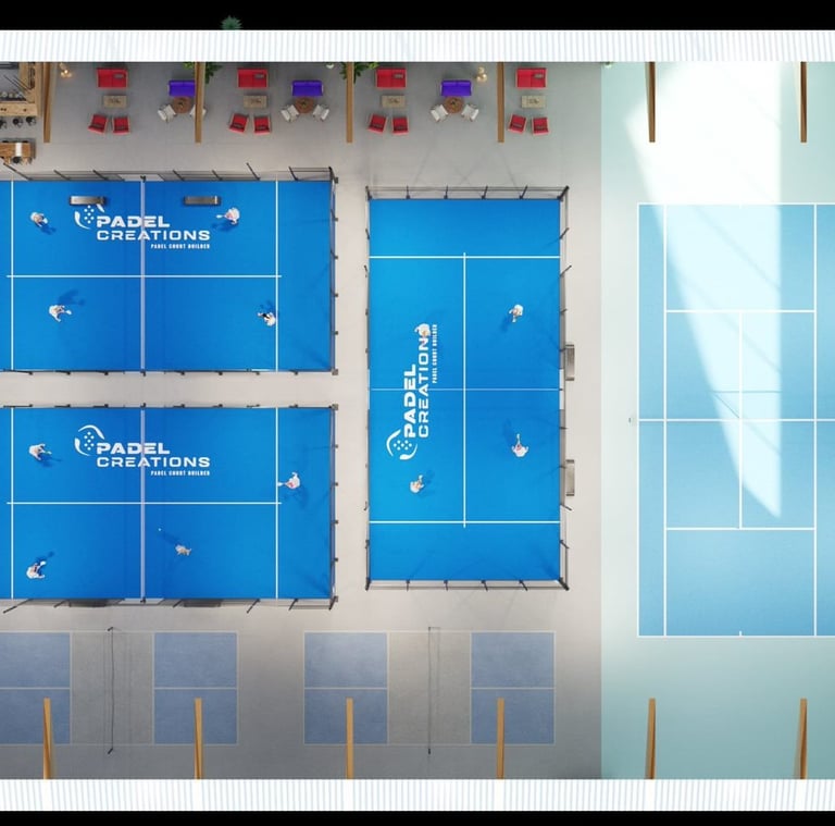 a padel tennis court with blue floor and tennis court