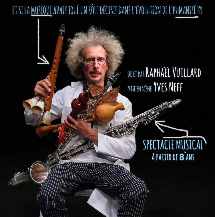 un professeur foldingo chargé d'instruments de musique - spectacle dans le vent - Raphaël Vuillard