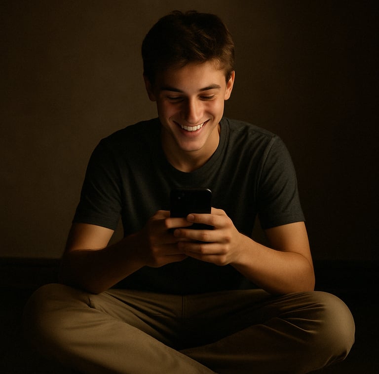Joven mirando la pantalla de su celular en una sala oscura.