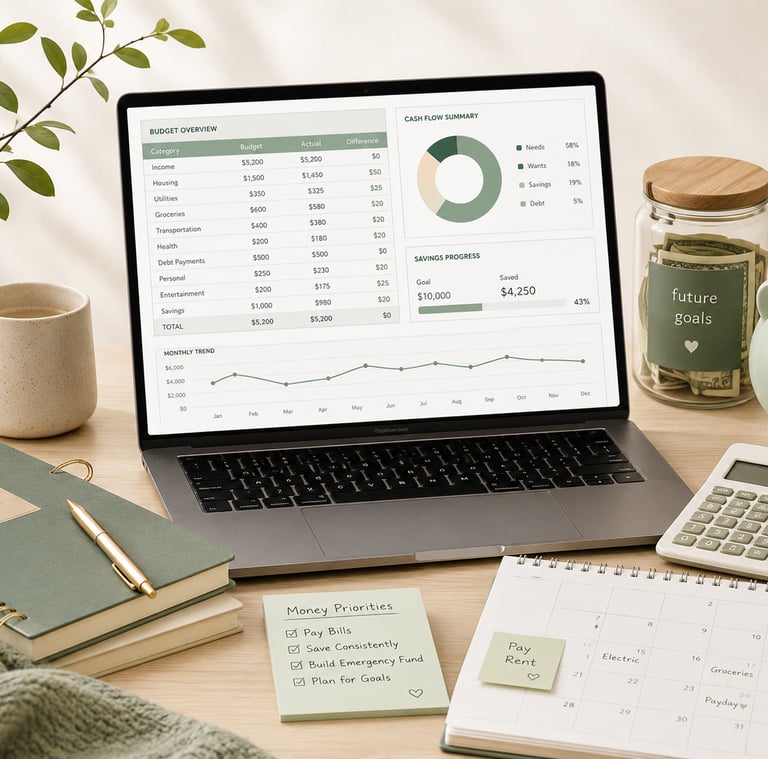 Laptop showing a budget spreadsheet dashboard on a calm desk with savings jar, piggy bank, calculato