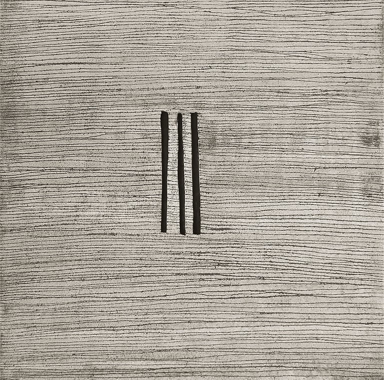 Minimalist abstract art featuring three black vertical stripes on a textured beige canvas with fine horizontal lines.