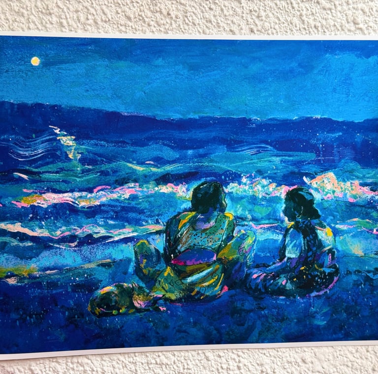 Impressionistic painting of two people sitting by a moonlit ocean at night, with waves reflecting luminous colors.