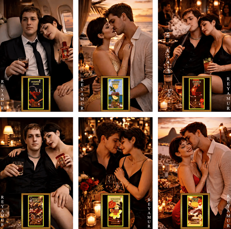 REYAMUR Fragrances couple modeling and scent category sweet fruity floral amber wood vanilla oud