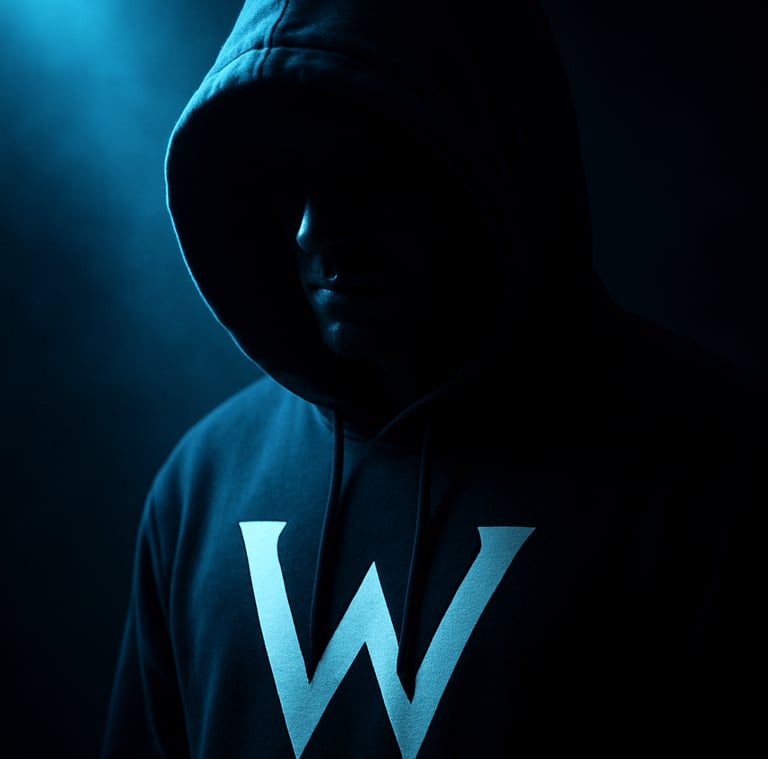 Moody dark portrait of artist WISS in a hooded sweatshirt with a bold “W” logo