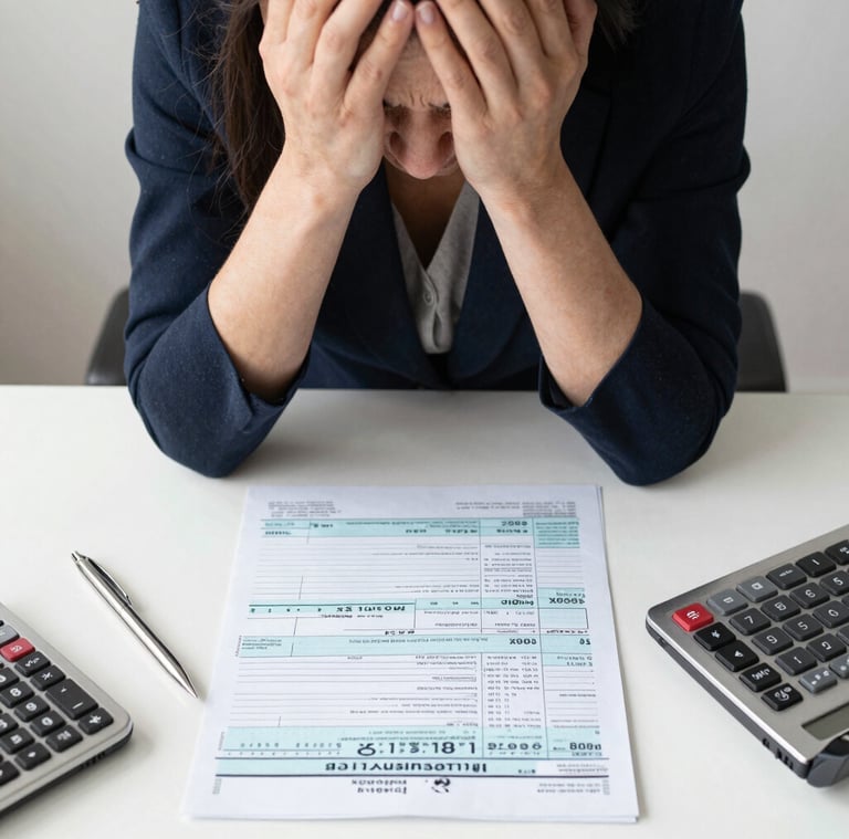 Close-up of hands reviewing detailed financial documents with a gold pen.