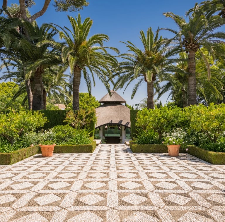 Palm garden pavilion within landscaped estate in Marbella