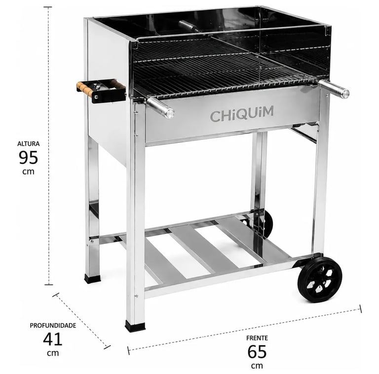 Churrasqueira Inox Luxo Duas Alturas Com Grelha E Roda