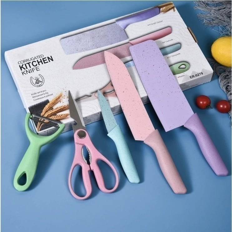 Kit facas de cozinha/Churrasco Profissional Antiaderente 6 Peças colorido