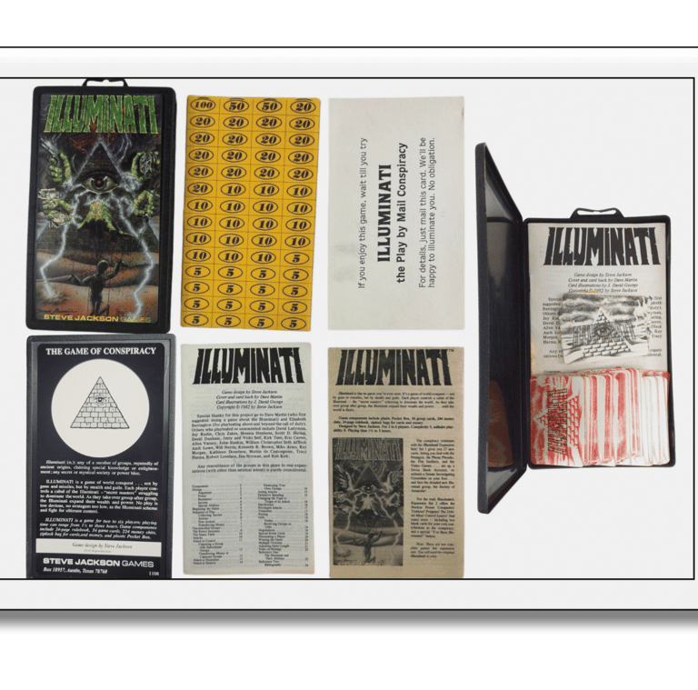 Caixa Pocket Box frente e verso, folha de dinheiro, livro de regras, cartão illuminati e caixa.