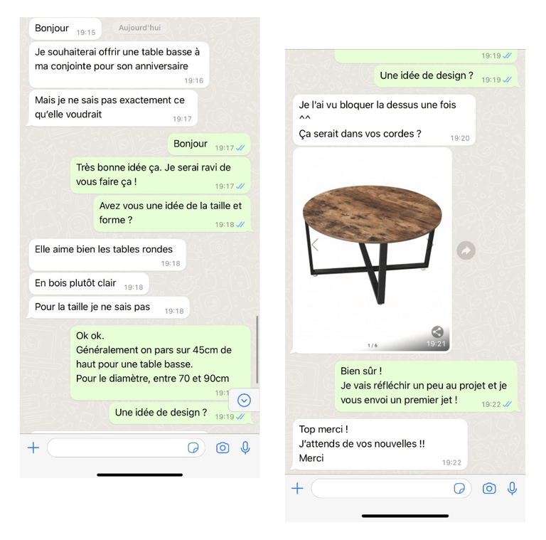Capture d'écran illustrant les échanges entre l'artisan et le client