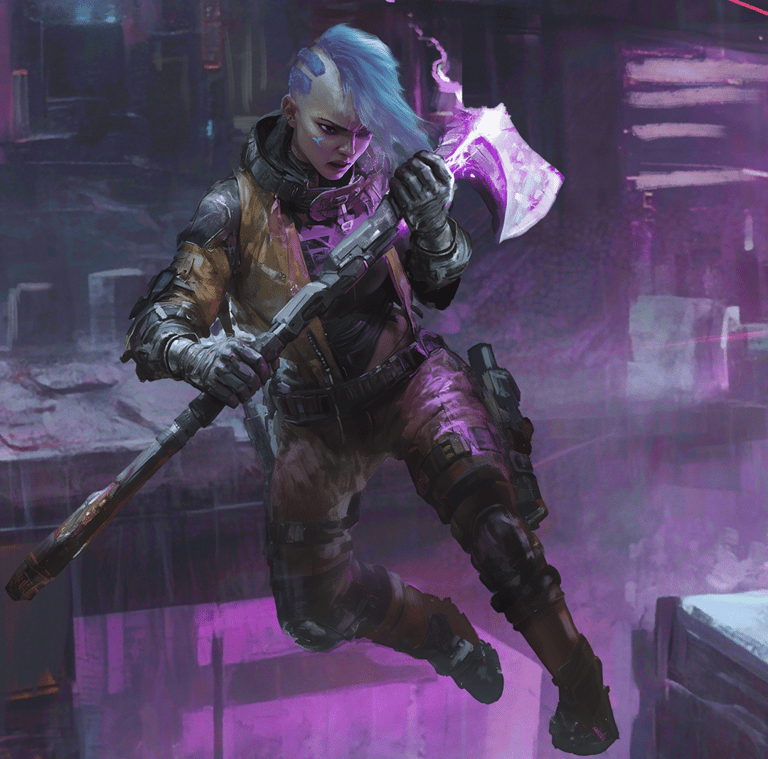 A space pirate with a glowing purple axe