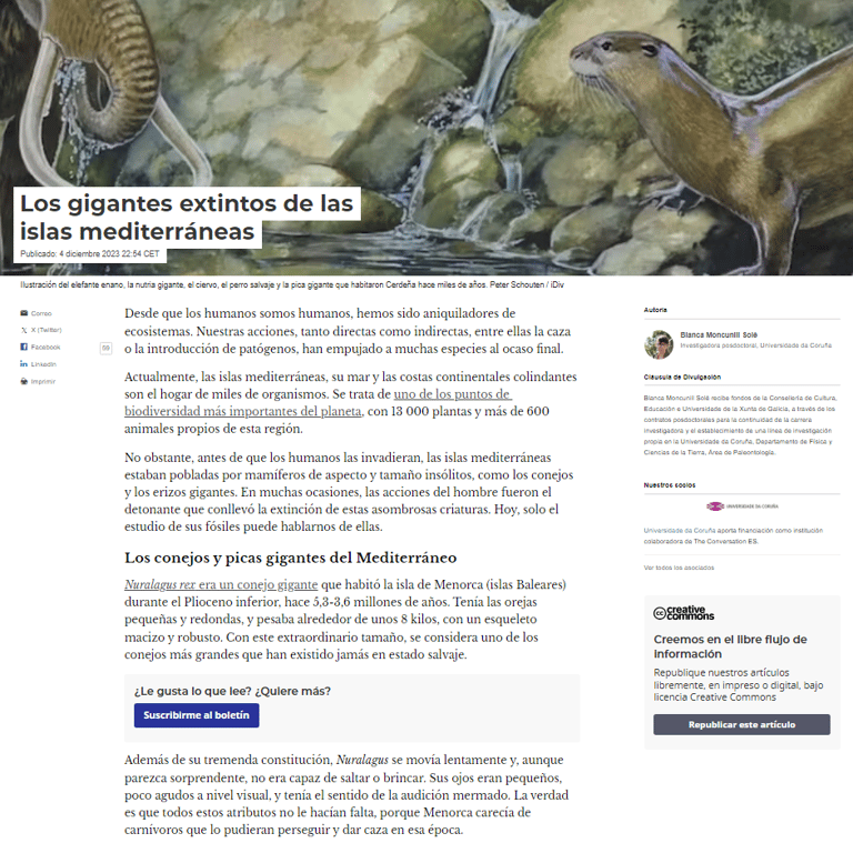Article of The Conservation, entitled "Los gigantes extintos de las islas mediterráneas"