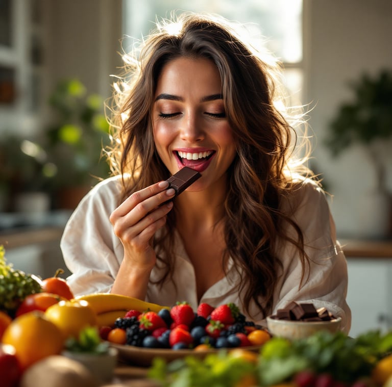 a woman eating chocolates and fruit on a table