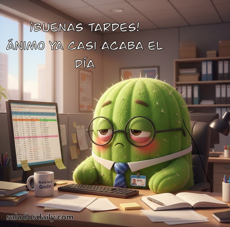 cactus oficinista cansado de trabajar deseando buenas tardes y mucho animo