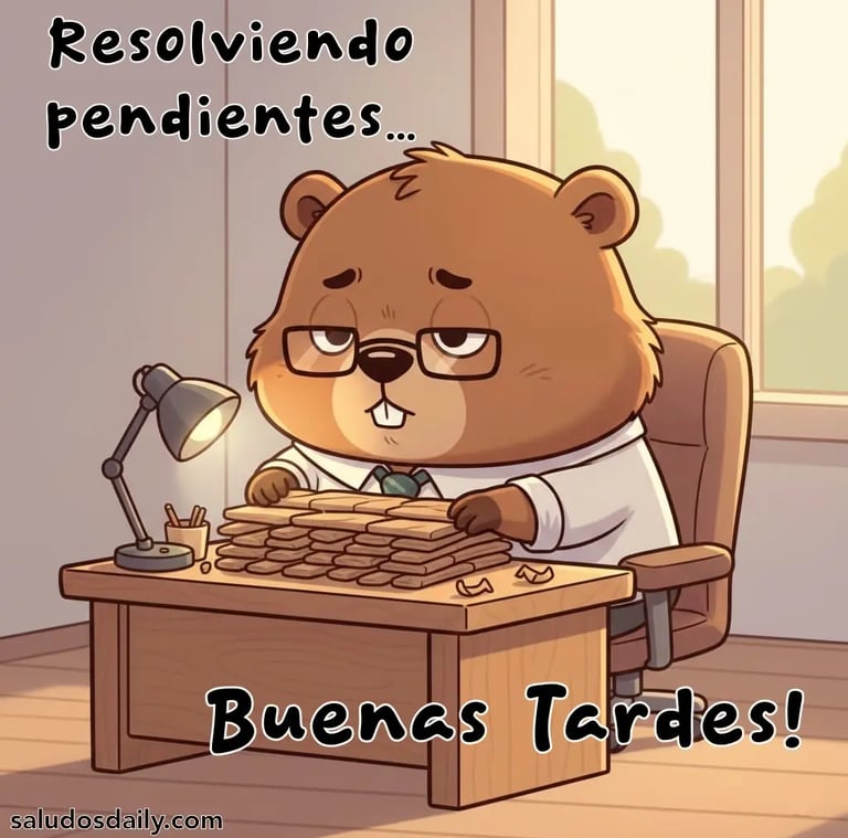 Castor estilo godín acomodando cuidadosamente trozos de madera sobre un escritorio,