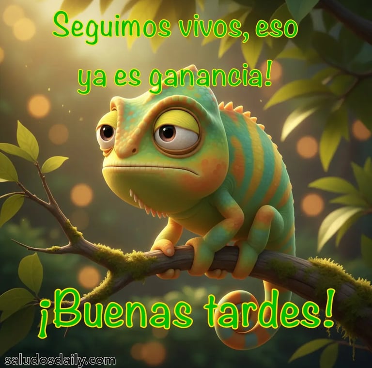 camaleón cansado optimista diciendo seguimos vivos y ya es ganancias buenas tardes