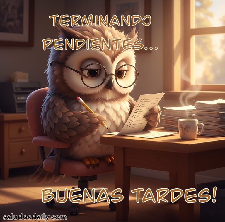 búho con lentes revisando una lista de pendientes sobre un escritorio, en un ambiente de oficina