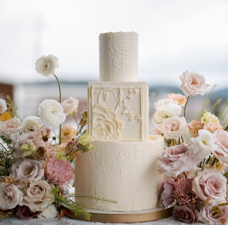 High end white wedding cake design for a Montana wedding