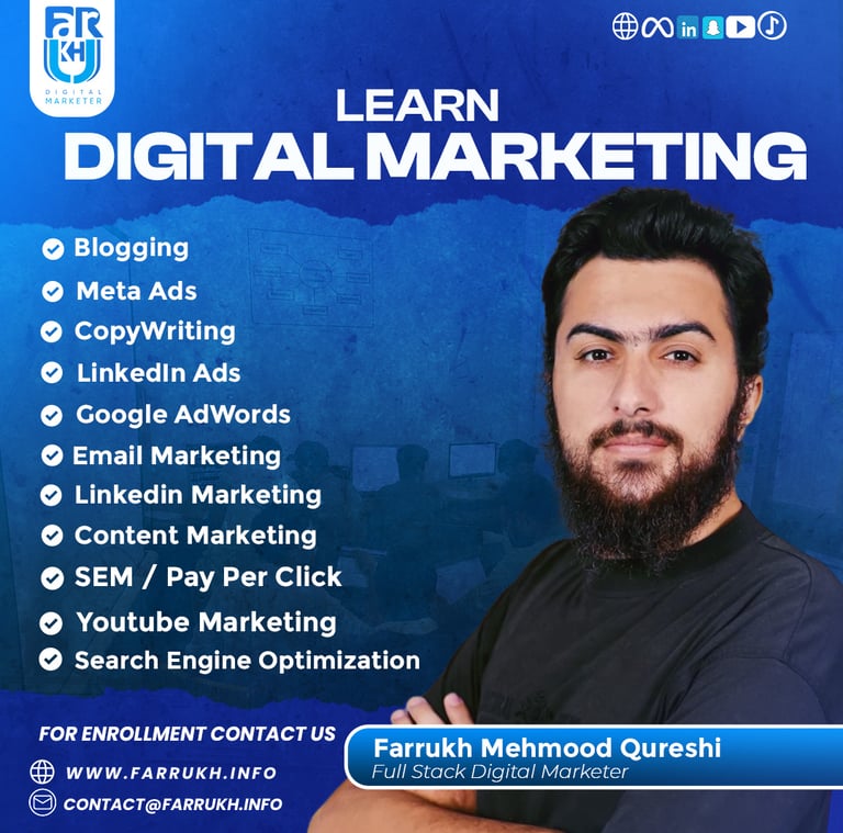 "Promotional image for a Digital Marketing Course by Farrukh Mehmood Qureshi, featuring a list of to