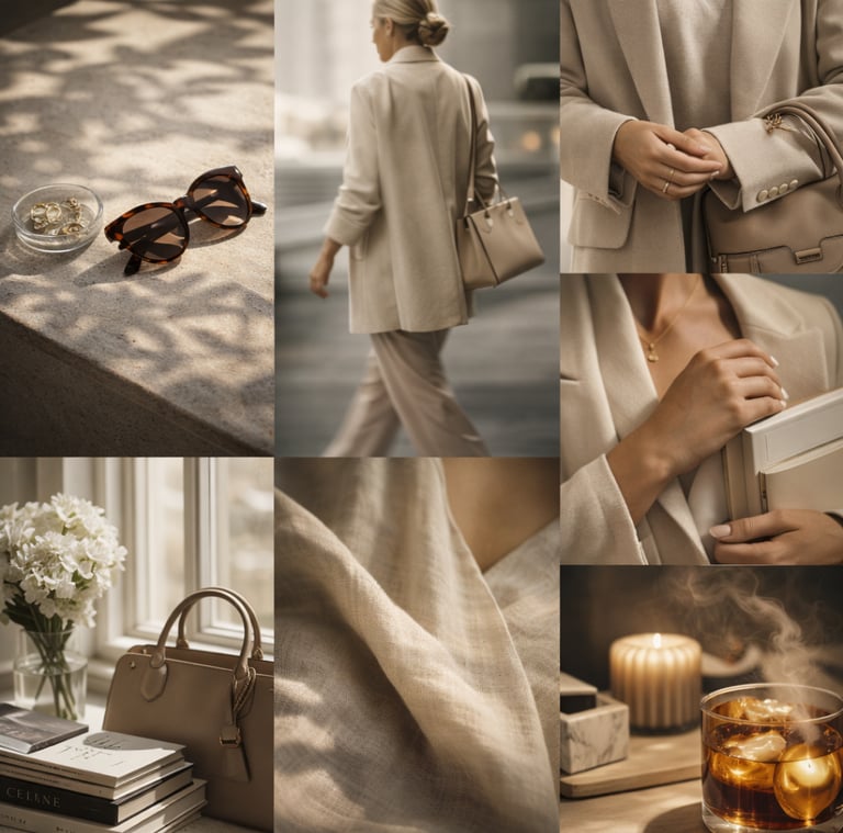 Quiet luxury fashion collage featuring neutral tailoring, leather handbag, fine jewellery and elegant lifestyle details.
