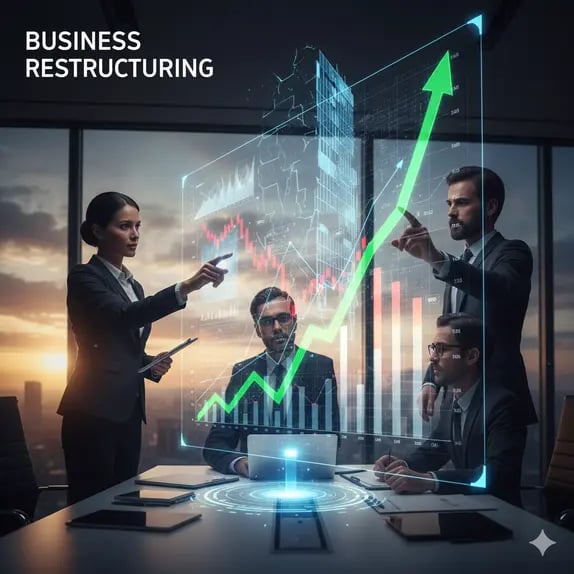 Reestructuración empresarial México: diagrama de recuperación financiera mostrando reducción de deuda y mejora en eficiencia 