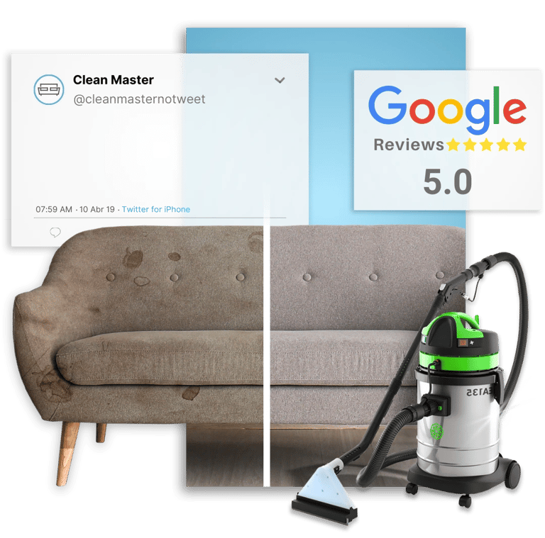 antes e depois de sofá limpo e higienizado ao lado do equipamento de limpeza