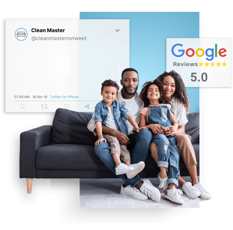 Família sentada em sofá limpo com arte gráfica ao lado e selo de avaliação 5 estrelas do Google.