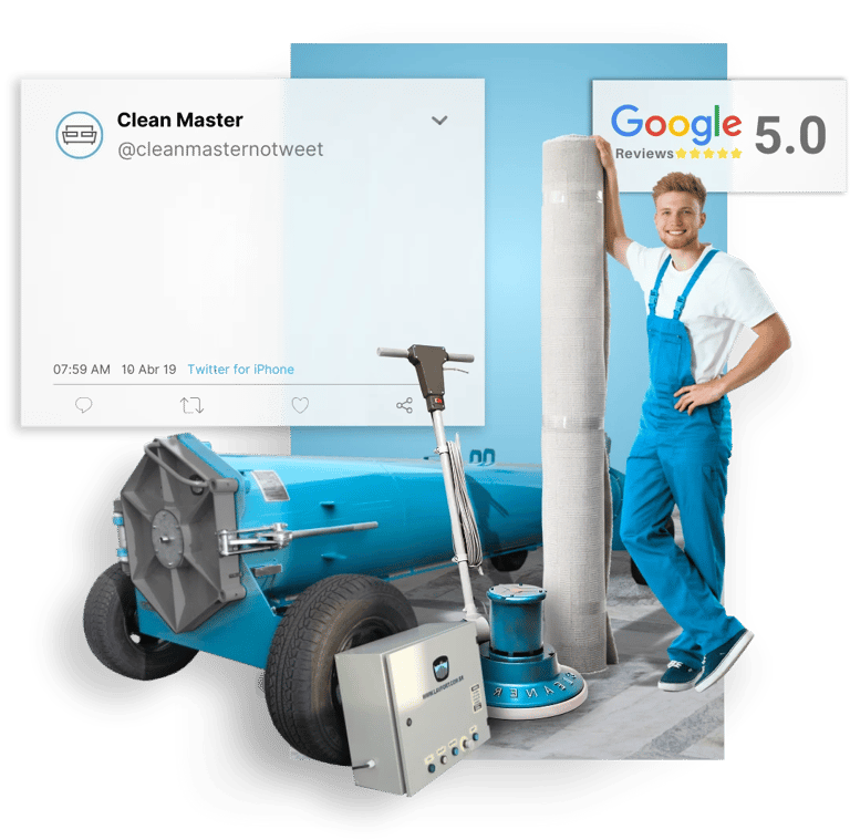 profissional segurando um tapete limpo e embalado ao lado deequipamentos de limpeza e selo de 5 estrelas do google