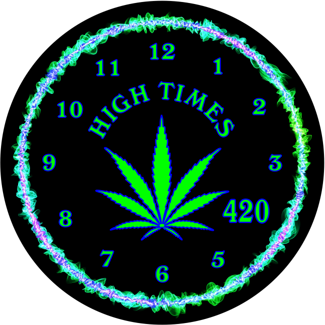 A neon green and blue High Times 420 clock face featuring a cannabis leaf and electric ring design.